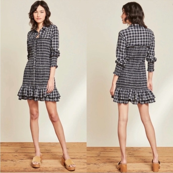 Veronica Beard Kelsey Long Sleeve Smocked Mini Dress Navy Blue Plaid Size 14 - Picture 1 of 8